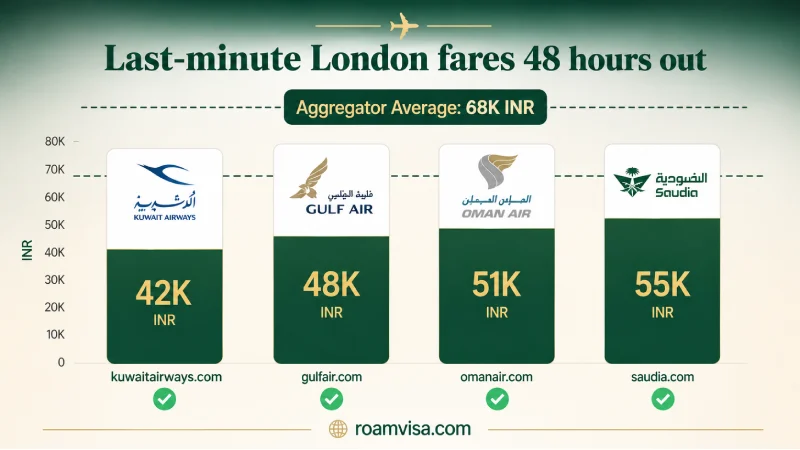 Last minute London flight booking comparison showing Kuwait Airways Gulf Air Oman Air Saudia fares all below 60000 rupees for 48 hour departure