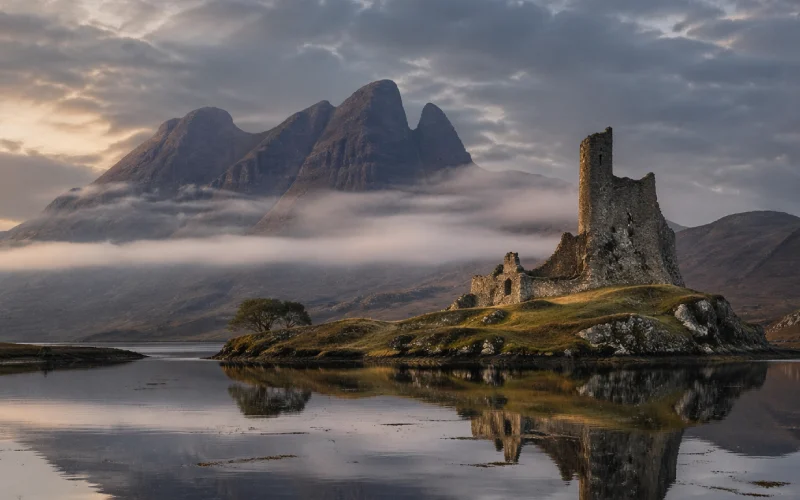 Ardvreck Castle NC500 Scotland 15th century ruins on shores of Loch Assynt with Quinag mountain behind