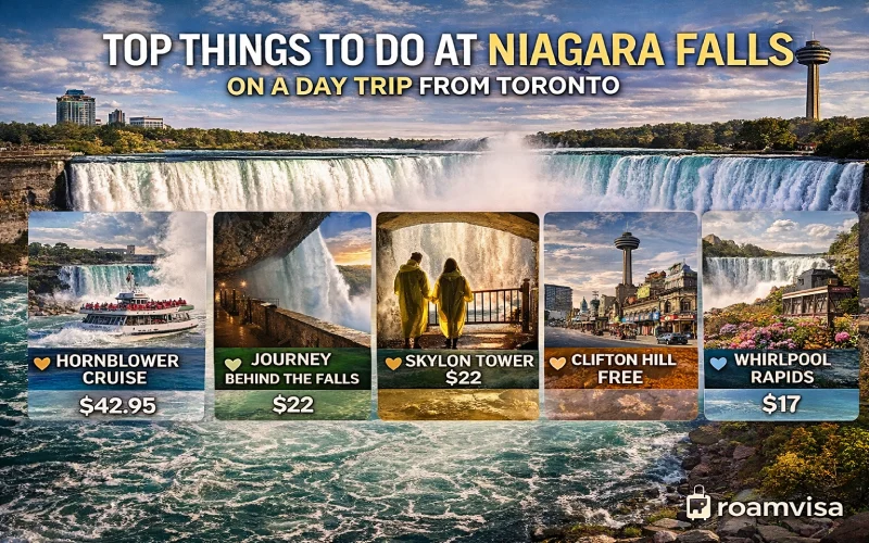 Niagara Falls attractions Hornblower cruise $42.95 Journey Behind Falls $22 Skylon Tower Clifton Hill NOTL Whirlpool