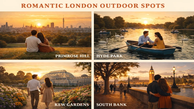 Romantic outdoor spots London  Primrose Hill sunset Hyde Park Serpentine Kew Gardens couples