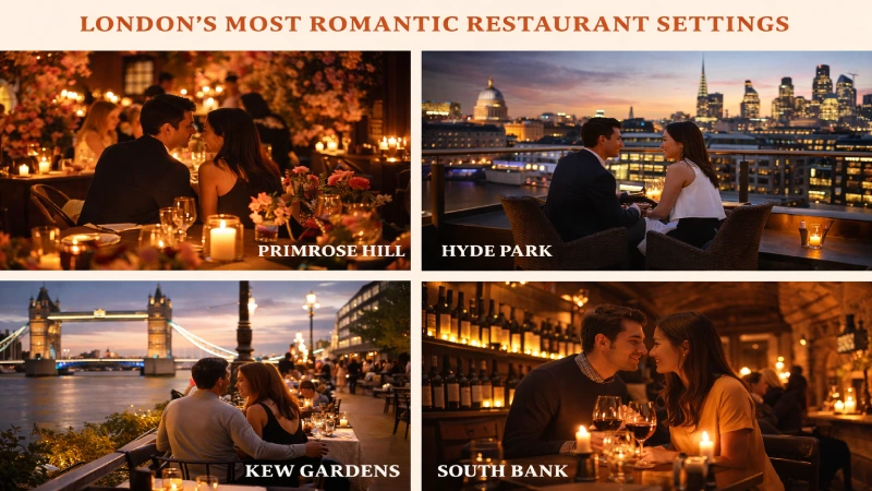 Romantic restaurants London  Clos Maggiore candlelit flowers Shard view rooftop bar dining couples