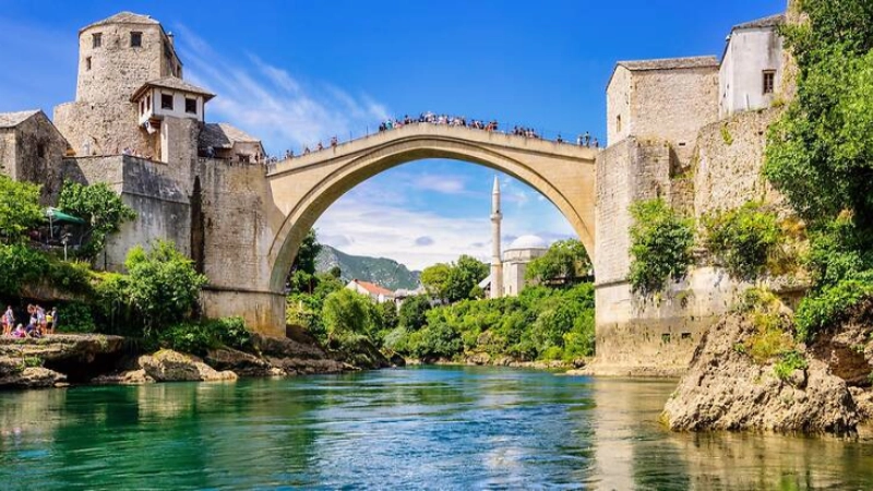 Stari Most bridge Mostar Bosnia real scenic view over Neretva river