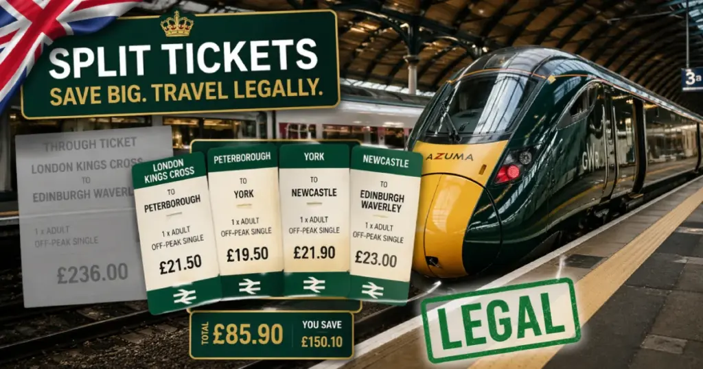 Split Ticket Train UK Save Up to 40 Percent Legally | RoamVisa ● Caption: Hero image illustrating how UK split ticketing works with multiple tickets replacing one through ticket and showing typical 40 percent saving 