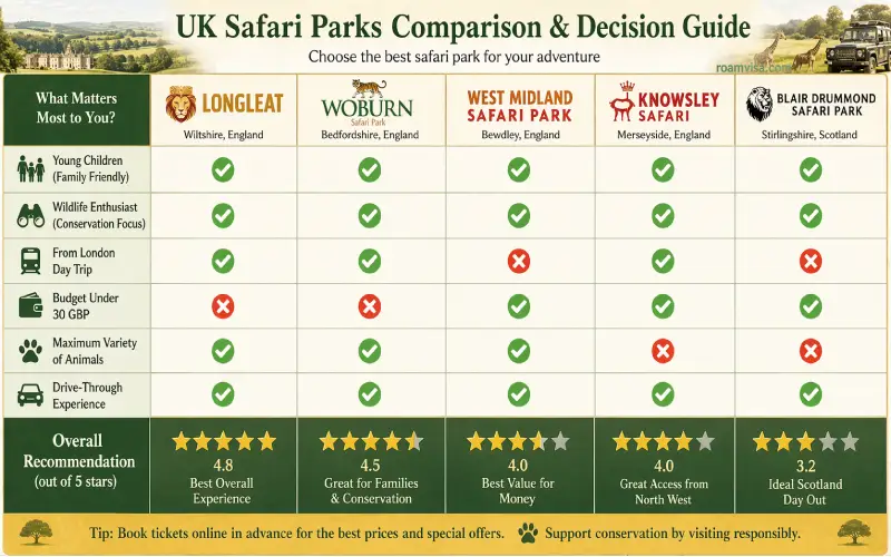 UK safari parks comparison decision chart helping families choose between Longleat Woburn West Midland Knowsley Blair Drummond