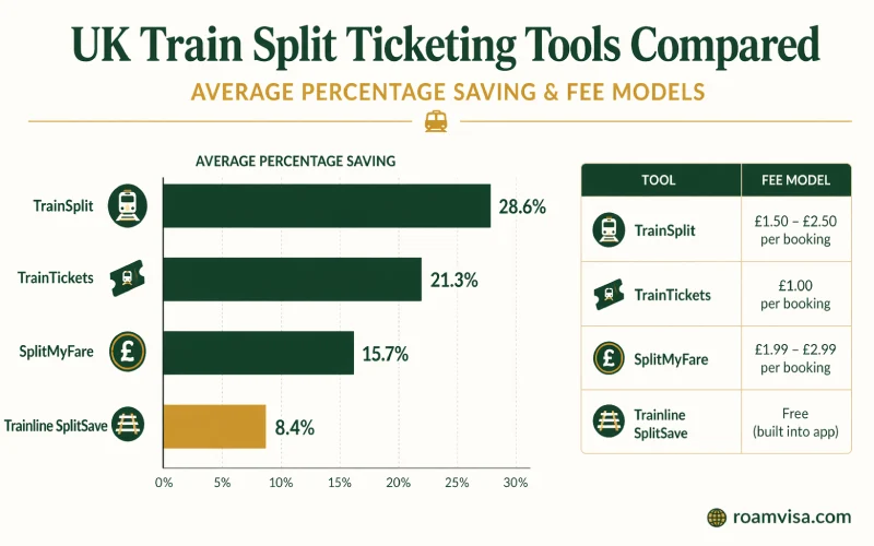 UK split ticket tool comparison chart showing TrainSplit SplitMyFare TrainTickets and Trainline SplitSave with average savings percentages and fee structures