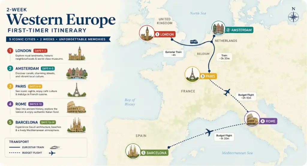 The classic first-time European circuit - London's Tower Bridge, Amsterdam's canals, Paris's Eiffel Tower, Rome's Colosseum, and Barcelona's Sagrada Familia - all connected by train and budget flight in 14 days 