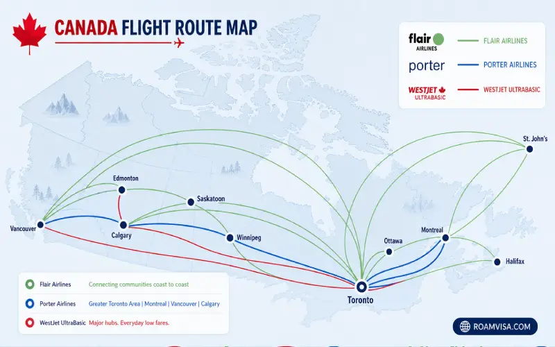 Canadian Budget Airline Route Coverage Map - Flair Porter WestJet