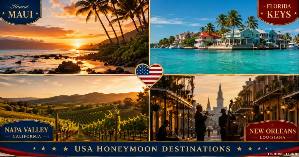 USA honeymoon destinations showing Hawaii Maui sunset Florida Keys beach Napa Valley vineyards and New Orleans French Quarter for couplesUSA honeymoon destinations showing Hawaii Maui sunset Florida Keys beach Napa Valley vineyards and New Orleans French Quarter for couples
