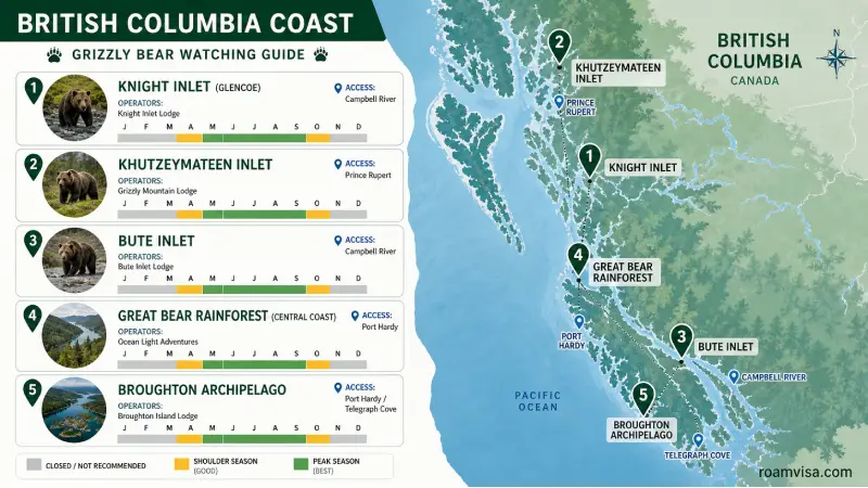 Canada grizzly bear watching locations map British Columbia Knight Inlet Khutzeymateen Bute Inlet seasonal best times
