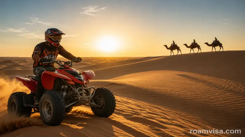 Dubai morning desert safari quad bike sunrise cool dunes summer heat comfortable temperature adventure