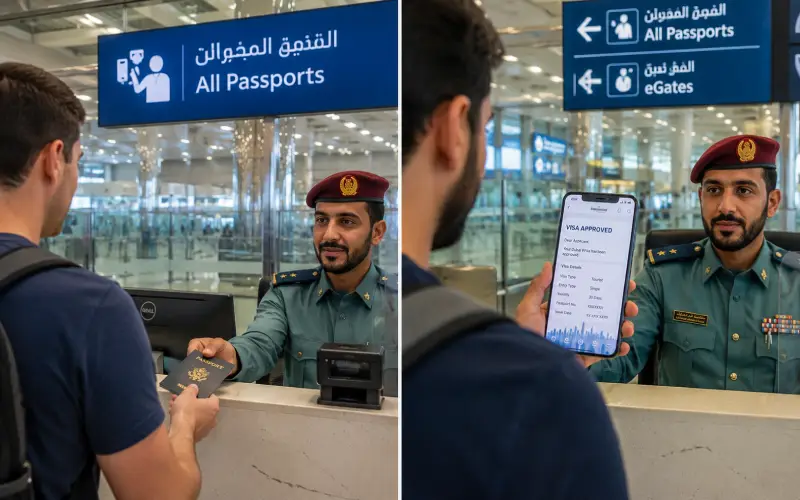 Traveller at Dubai airport immigration counter showing visa on arrival stamp versus confirmed advance visa email on phone