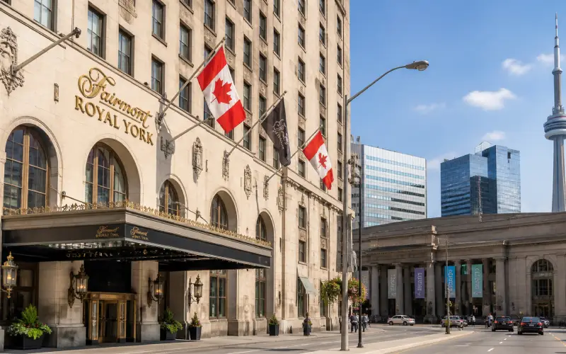 Fairmont Royal York Hotel Toronto grand exterior facade on Front Street showing historic 1929 railway hotel opposite Union Station