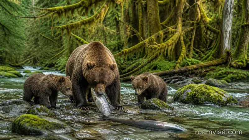 Grizzly sow mother cubs salmon river British Columbia coast rainforest fishing family family wildlife