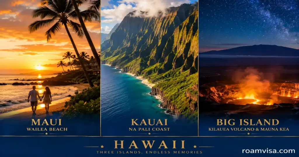Hawaii honeymoon scenery showing Maui sunset beach Kauai Na Pali coast and Big Island volcanic landscape for couples