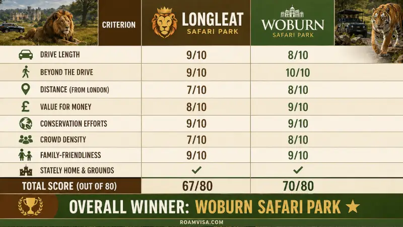 Longleat vs Woburn Safari Park scorecard comparison across 8 criteria winner verdict UK drive through