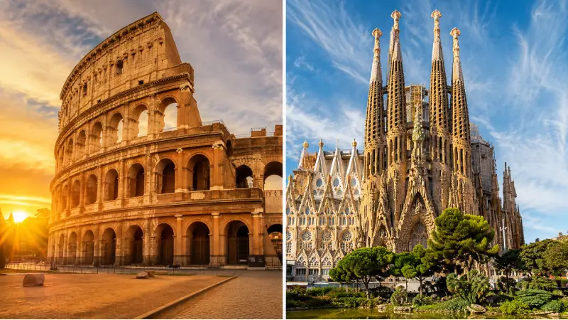 2 weeks Europe itinerary showing Rome Colosseum at sunset and Barcelona Sagrada Familia Gaudi cathedral for first time visitors