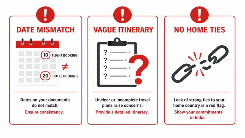 Schengen visa cover letter common mistakes checklist showing date mismatch vague itinerary and missing India ties as reasons for refusal 