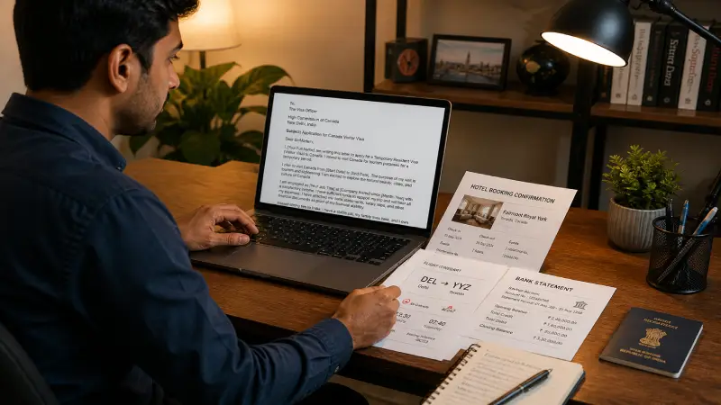 Indian professional writing Schengen visa cover letter on laptop checking itinerary dates and hotel booking confirmation documents