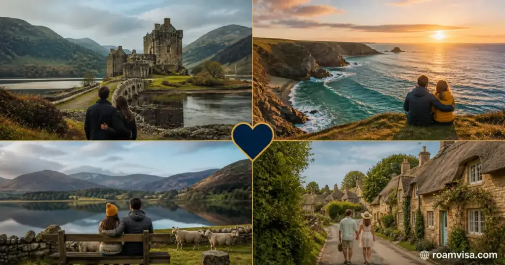 UK honeymoon destinations showing Scottish Highlands castle Cornwall coast Lake District and Cotswolds countryside for romantic couples trip