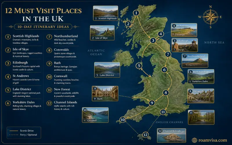 UK map showing 12 best honeymoon destinations from Scottish Highlands Isle of Skye Edinburgh to Cornwall and Channel Islands for couples route planning