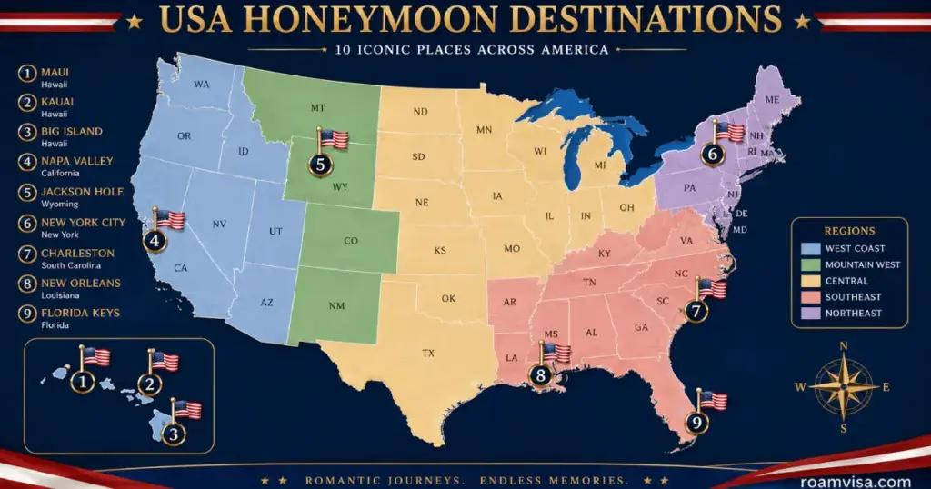 USA map showing 10 best honeymoon destinations from Hawaii Florida Keys New Orleans Napa Valley New York Jackson Hole for couples planningUSA map showing 10 best honeymoon destinations from Hawaii Florida Keys New Orleans Napa Valley New York Jackson Hole for couples planning