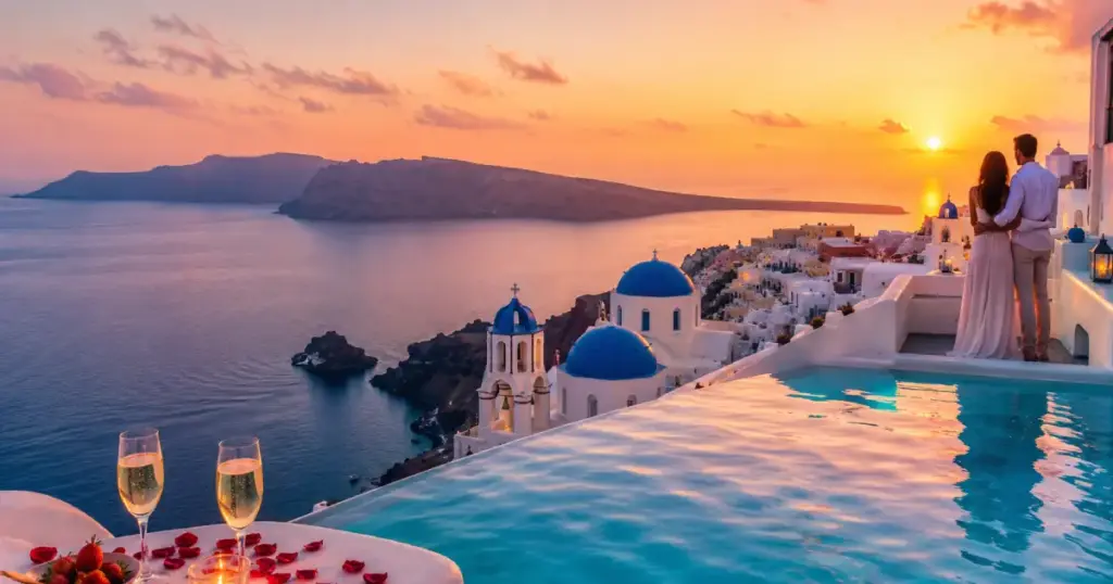 Santorini Honeymoon Guide Oia caldera sunset view from private infinity pool with whitewashed houses blue domes Aegean Sea