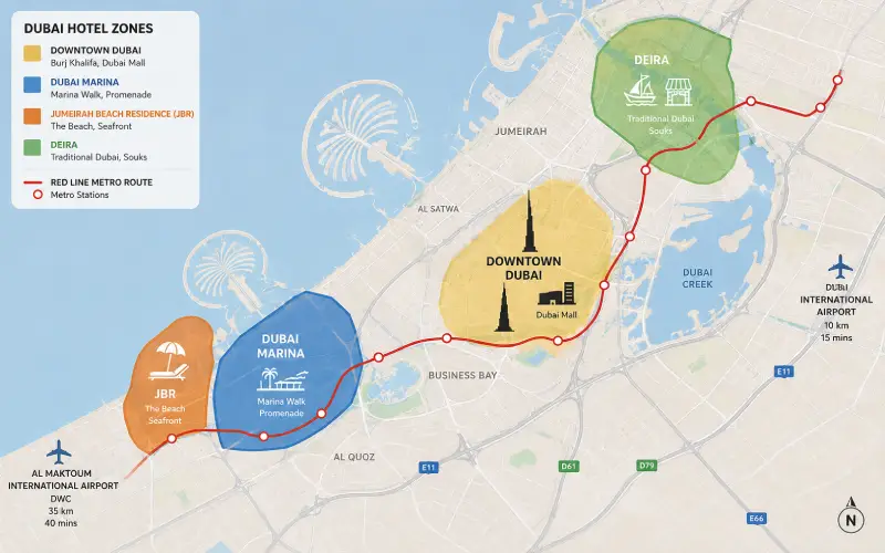 Dubai neighbourhood map showing four best areas to stay: Downtown Dubai with Burj Khalifa, Dubai Marina, JBR beach, and Deira with Dubai Creek for first-time visitors