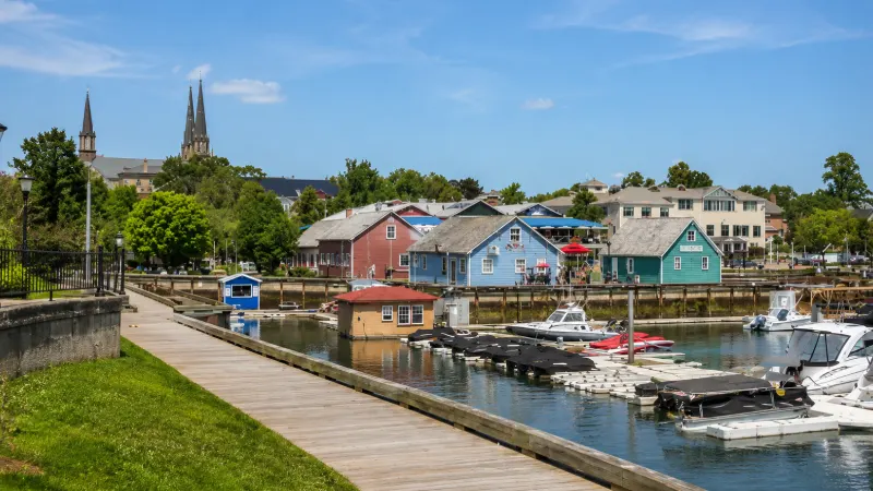 Colorful waterfront houses and boats along the harbor in Charlottetown Prince Edward Island