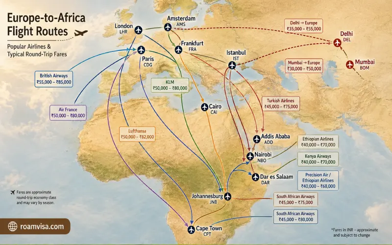 Europe Africa safari flight routing map London Frankfurt Paris Amsterdam Istanbul connecting cheap airlines