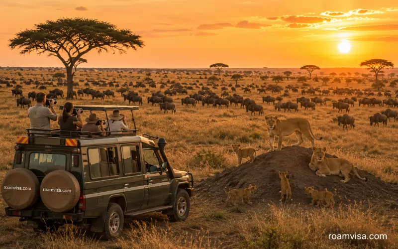 Kenya Tanzania Masai Mara Serengeti budget safari tour group vehicle wildlife elephant lion migration
