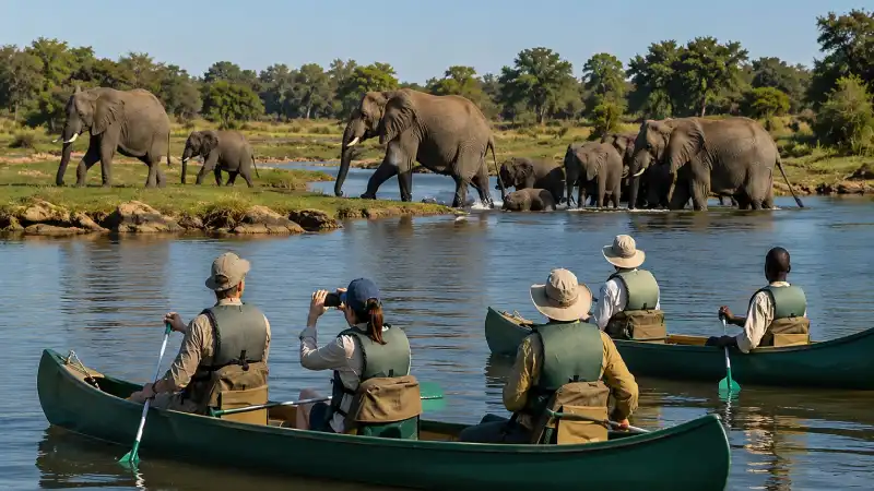 Visitors on a boat safari cruise at African Lion Safari passing wildlife along the water