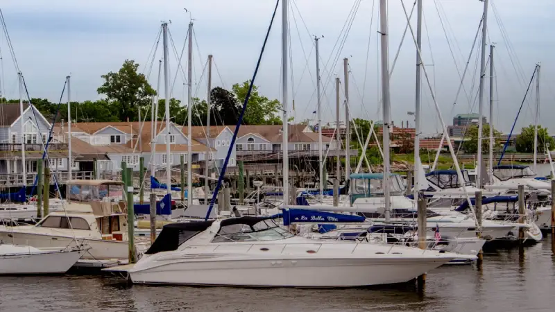 Sailboats docked in Annapolis harbor near colonial-era buildings