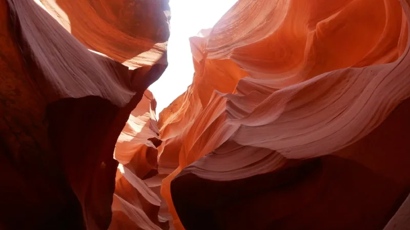 Curved sandstone walls inside Antelope Canyon glowing orange in sunlight 