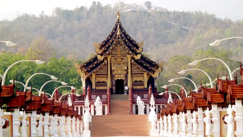 Temple in Chiang Mai with mountains visible in the background