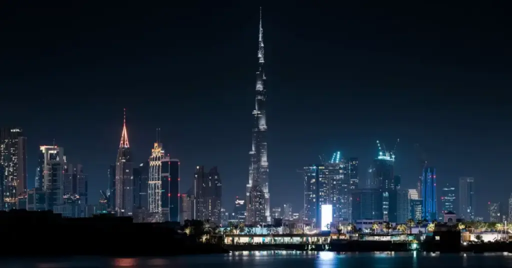Dubai Travel Guide: Dubai skyline at evening with the Burj Khalifa towering over Downtown Dubai