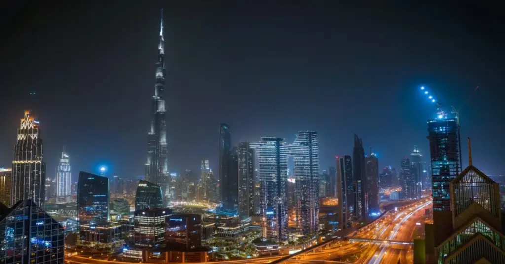 Panoramic view of the Dubai skyline with Burj Khalifa at the center