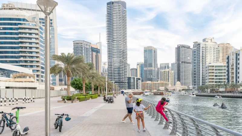 Women travelers walking safely through a public area in Dubai