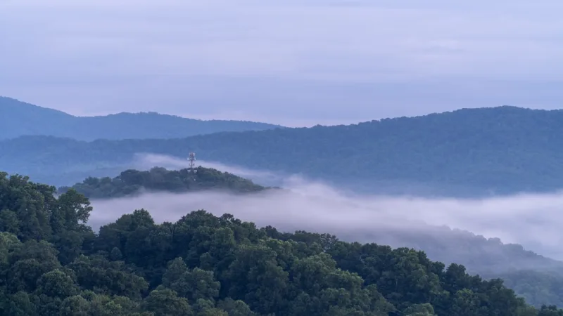 Layers of misty blue fog over forested ridges in the Great Smoky Mountains