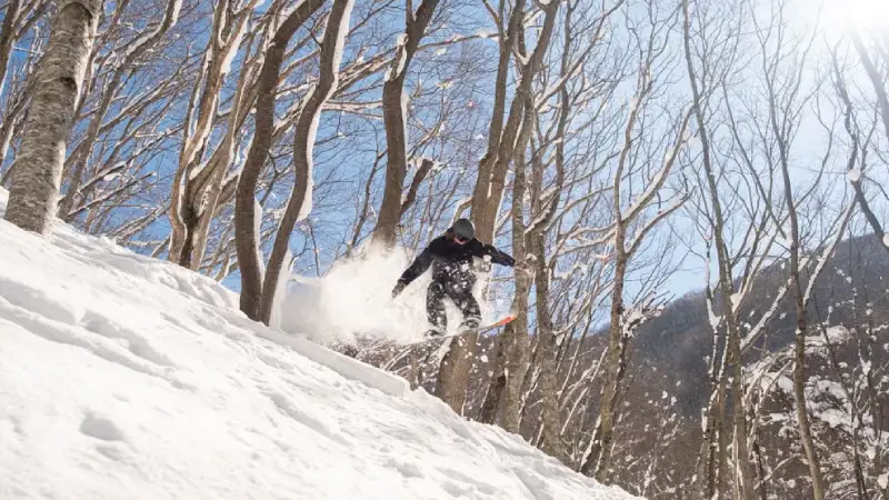 Freestyle skier in the terrain park at Hakuba 47 ski resort 