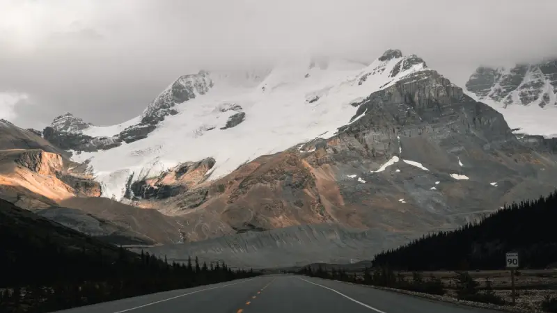 The scenic Icefields Parkway winding through glaciers and mountains near Jasper
