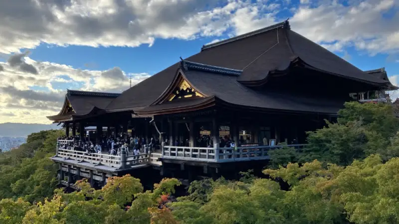 Wooden terrace and pagoda at Kiyomizu-dera temple overlooking Kyoto