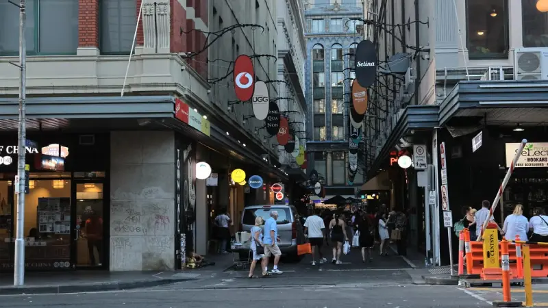 Melbourne laneway cafe scene during spring weather 