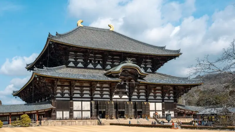 Deer roaming freely in Nara Park near a traditional Japanese temple