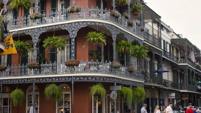 Wrought iron balconies with flowers in the French Quarter of New Orleans