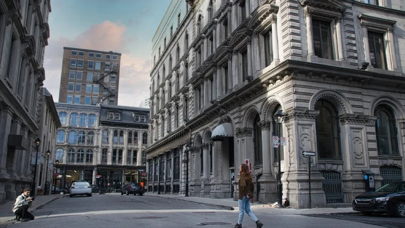 Historic stone architecture along a street in Old Montreal