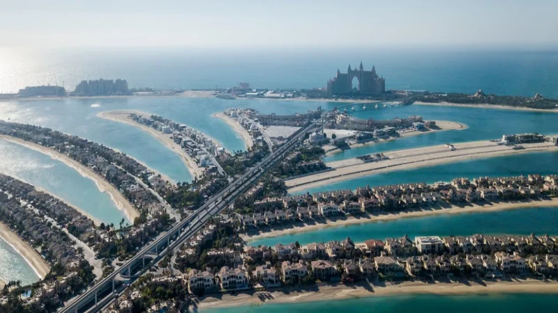 Aerial view of Palm Jumeirah Island in Dubai