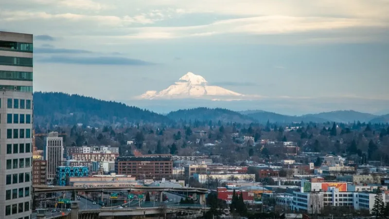 Portland Oregon skyline with Mount Hood visible in the distance 