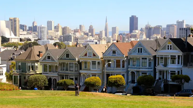 Colorful Victorian houses known as the Painted Ladies in San Francisco