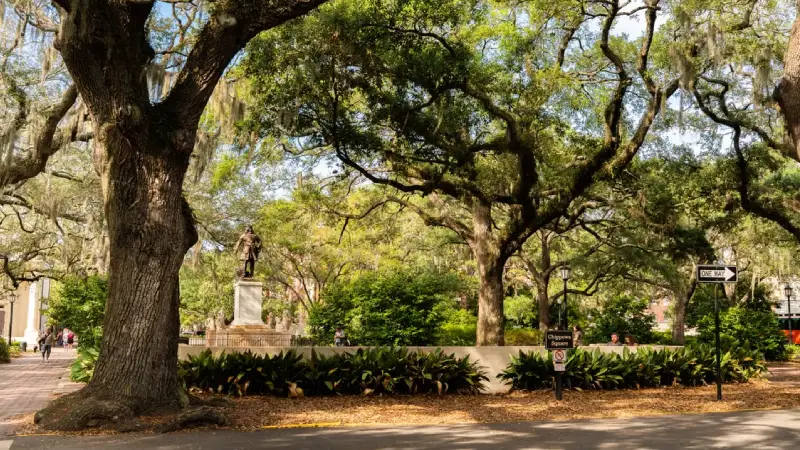 Historic public square in Savannah shaded by moss-draped oak trees