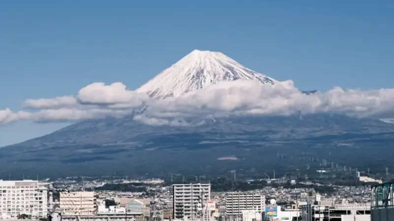 Shinkansen bullet train passing with Mount Fuji visible in the background